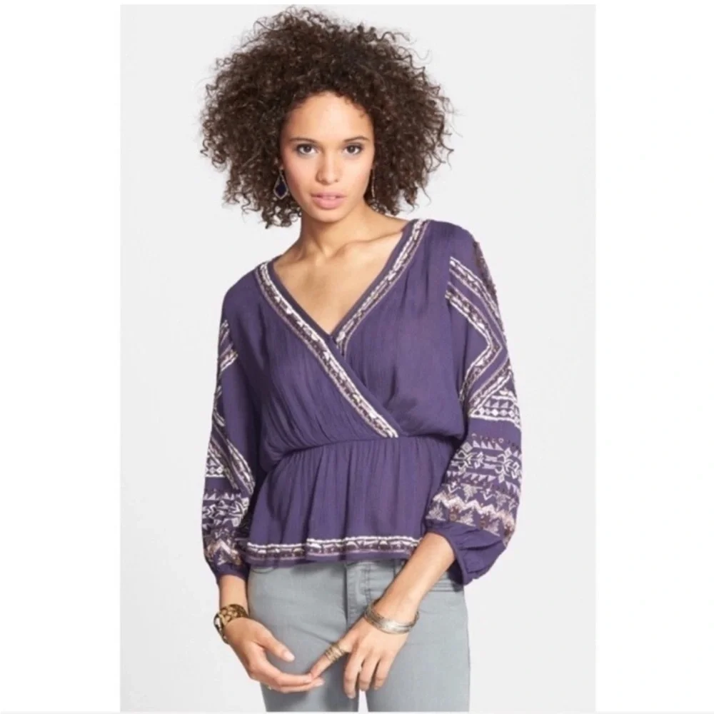 Free People Stitch Up Your Heart Purple Beaded Embroidered Blouse | Size Medium